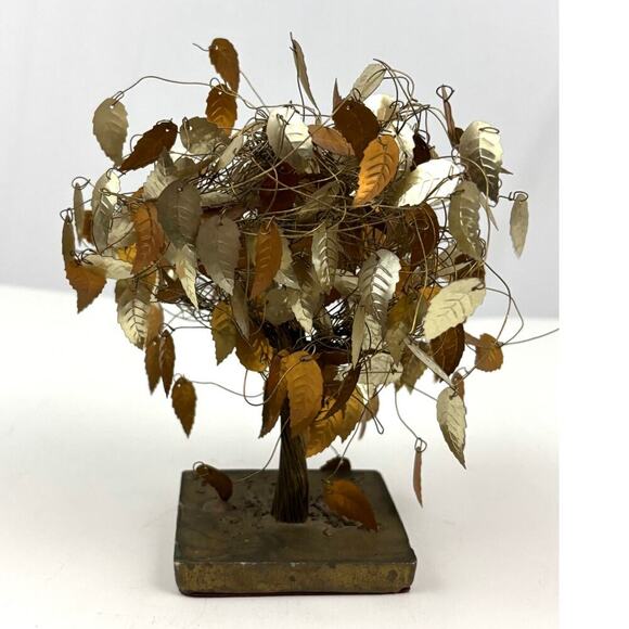VTG Gold Silver Leaf Metal Wire Sculpture 7" Tree Mid Century Modern Art Decor - Picture 1 of 14